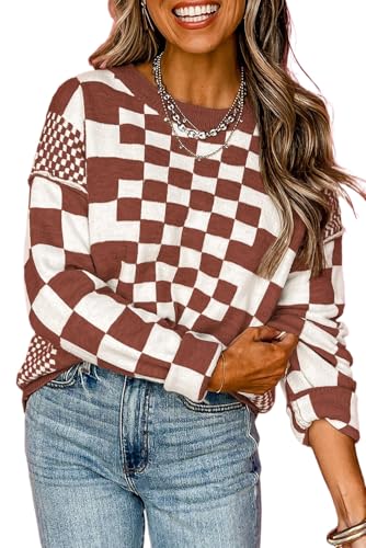 Women's Brown Checkered Print Drop Shoulder Round Neck Sweater