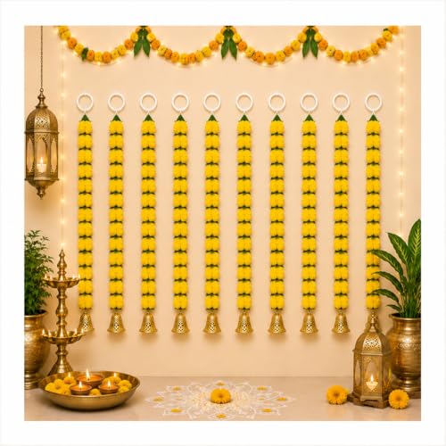 Image of Bindian Artificial Marigold Flower Toran 2.5 Ft Yellow with Leaf & Bells | Decorative Bandanwar for Diwali, Pooja, Wedding, Festival, Home Entrance & Wall Decoration (Pack of 10)