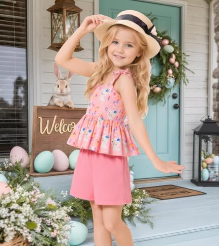 Image of Toddler Girls Clothes Summer Short Set Outfit Tie Knot Shoulder Sleeveless Ruffle Tops and Shorts 2PC Clothing Set