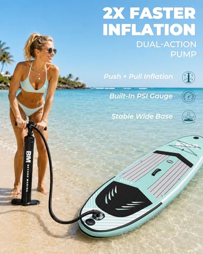 Image of BM Paddle Board Inflatable Stand Up Paddle Board, SUP Paddleboard for Adult, Premium Accessories | Non-Slip EVA Deck & Foam Handles, Camera Mount, Double Action Pump, 85L Travel Backpack