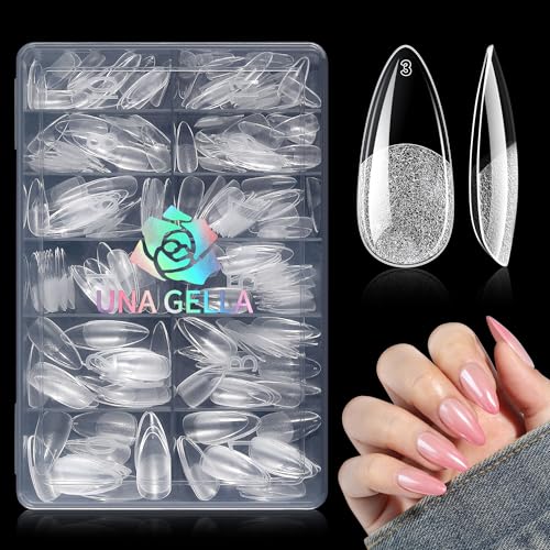 UNA GELLA Medium Almond Nail Tips Pre Etched Almond Gel Nail Tips 240pcs Soft Gel Full Cover Clear Press on Fake Nails for Nails Extensions No C Curve DIY Salon at Home 12 Sizes