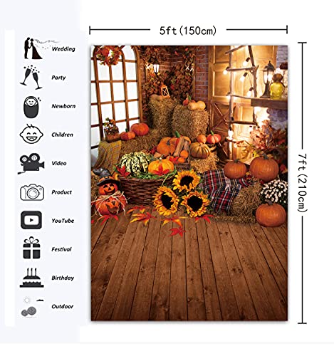 Autumn Photography Backdrop Fall Wooden Floor Barn Backdrop Autumn Pumpkins Maple Leaves Sunflower Background for Kids Adult Family Portrait Photo Background 5X7FT - Image 3