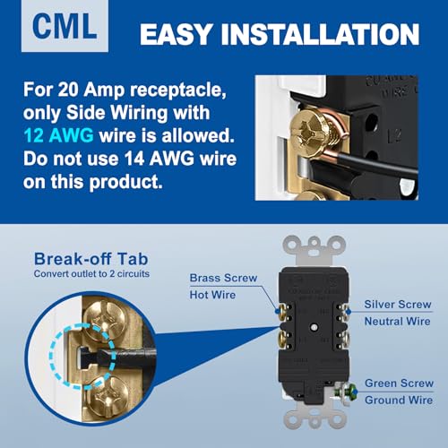 Image of CML 20 Amp Decorator Receptacle Outlet with Tamper Resistant (TR), Standard Electrical Wall Outlet, 20A /125V, UL Listed, White, 50 Pack