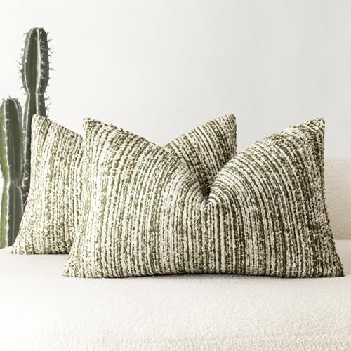 Image of Foindtower Set of 2 Faux Fur Textured Modern Throw Decorative Pillow Covers Lumbar Accent Striped Cushion Sherpa Boho Farmhouse Pillowcase for Couch Sofa Living Room Home Decor 12x20 Inch,Sage Green