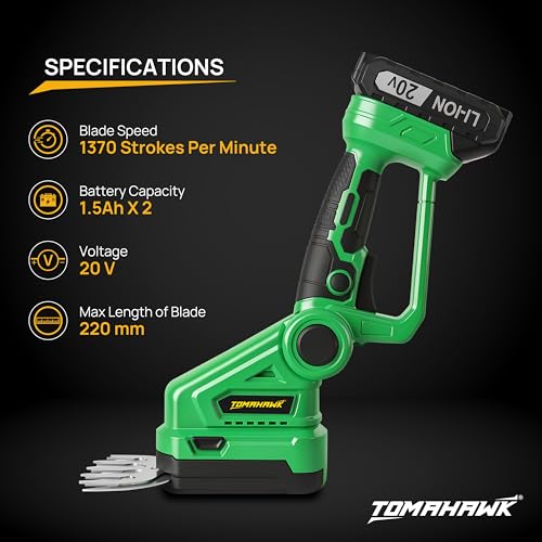 Image of TOMAHAWK CHT-20A 20V Cordless Hedge Trimmer with 1.5Ah Battery | 24 inch Dual Action Blade | Lightweight Handheld Grass & Shrub Cutter | Tool-Free Blade Change Garden Trimmer