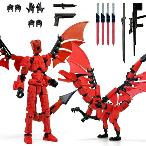 KAMOVNY T13 3D Printed Action Figure Set with Flying Dragon, Multi Joint Movable, Already Assembled, Plastic Robot Toy Figures for Boys Ages 3+,...