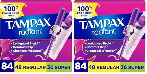 Image of Tampax Radiant Tampons for Women Multipack,with LeakGuard Braid,Regular /Super Absorbency,Unscented,84 Count (Pack of 2)