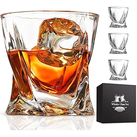 Whiskey Glass Set of 4 - Lead-Free Crystal Clear Scotch Glasses 10 oz Glassware with Luxury Gift Box & 4 Drink Coasters & 1 Ice Tong for Drinking Bourbon Malt Cognac Irish Whisky… Cover