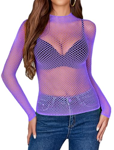 Image of Avidlove Women's Sexy Fishnet Mesh Long Sleeve Tops Mock Neck Sheer Lace See-Through Blouse Bodycon Clubwear Party Tops