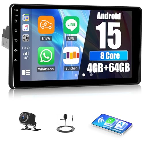 [4+64G] 8 Core Android 15 Single Din Car Radio Stereo with Wireless Carplay&Android Auto,9'' Rotatable Touch Screen Car Radio with Mirror Link GPS Navigation WiFi FM/RDS EQ Bluetooth+Backup Camera
