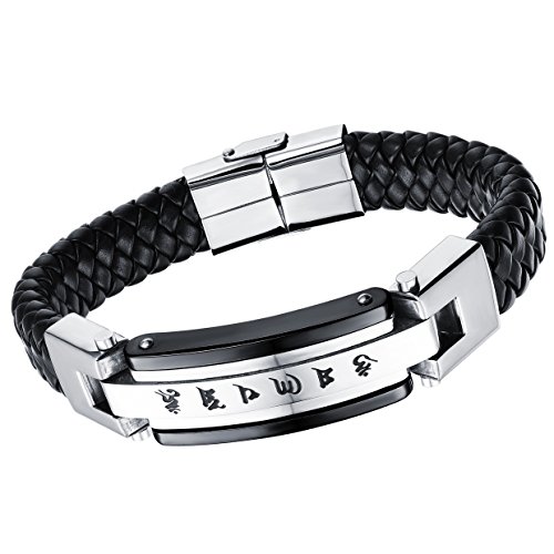 Cupimatch Pulsera Cuerda Cuero Hombre: Brazalete de Negro Piel con Grabado Mantra Placa Curva y Cierre Magnética Acero Inoxidable - Regalos de Cumpleaños Joyas Navidad Dia del Padre