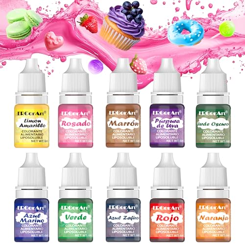 Colorante Liposoluble para Chocolate - ERCorArt 10 Colores Altamente Concentrados y Solubles en Aceite para Foudant, Tartas de Chocolate, Glaseados, Helados, etc., 6 ml/Unidad