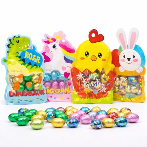 Easter Chocolate Mini Eggs Bulk Buy Foil Wrapped Milk Chocolate with Hazelnut Pralines - 50g Unicorn Bunny Dinosaur & Little Chick Mini Eggs Bags Easter Gifts Egg Hunt