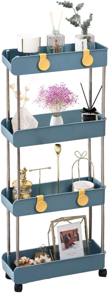 Melody House 4-Tier Slim Storage Cart, Navy Blue, Easy to Install, Durable Plastic and Stainless Steel Shelving Unit, Ideal for Small Spaces