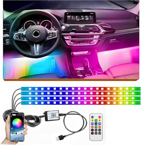 Auto LED Innenbeleuchtung RGBIC, 4pcs 72Strip Atmosphäre Licht, 200+Farbmodi Mehrfarbig Musik, LED Strip Innenraumbeleuchtung Ambientebeleuchtung, USB-Port Lichtleiste mit Fernbedienung& APP-Steuerung