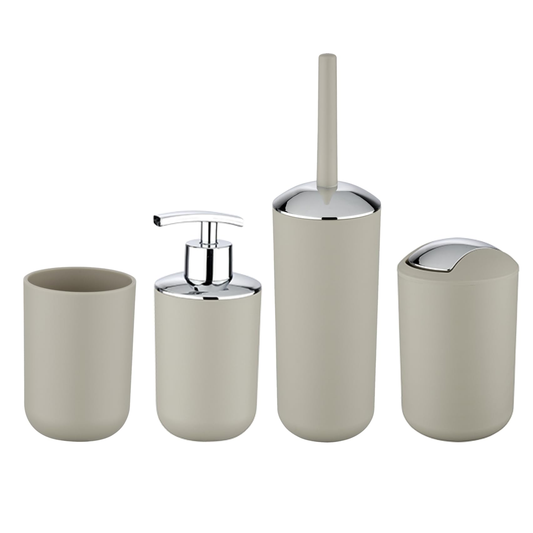 Bad-Accessoire Set Mod. Brasil, 4-teilig bestehend aus Zahnputzbecher, 320 ml Seifenspender, Kosmetikeimer 6,5 Liter & WC-Garnitur inkl. WC-Bürste, aus bruchsicherem Spezialkunststoff, Taupe