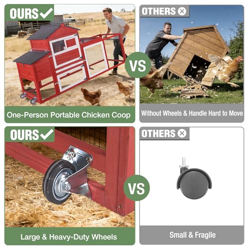 Image of Mobile Chicken Coop with Wheels for 4-6 Chickens, Large Outdoor Hen House with Run, Weatherproof Asphalt Roof, Sectionable Nesting Box & Pull-Out Tray, 82.4 inch L x 25.8 inch W x 44.1 inch H - Red