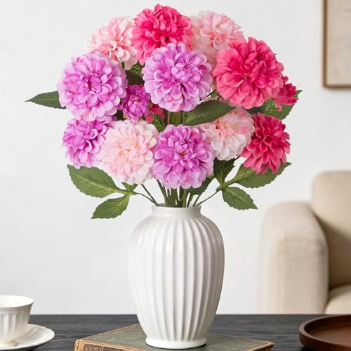 INXUGAO Artificial Flowers for Vase 6 Bunches Fake 27.5 Long Stems Silk Pompon Dahlia for Indoor Outdoors Home Decor Front Door Porches Yard Patio Garden Planters - [2 Purple + 2 Rose Red + 2 Pink]