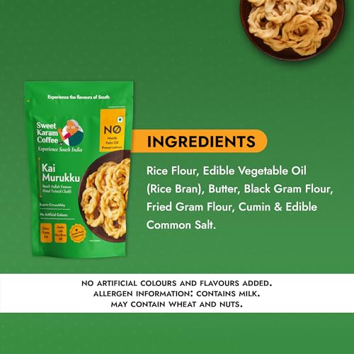 Image of Sweet Karam Coffee Kai Murukku - Pack of 2 (150g each) | No Palm Oil & Preservatives | Authentic South Indian Hand-Twisted Chakli | Crunchy & Delicious Namkeen | Tea Time Snack | Festive Special
