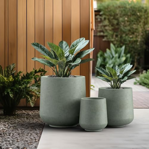 Image of Kante Set of 3 Mint Green Concrete Curved Planters 16.5 inch 13 inch 9.4 inch Dia | Drainage for Outdoor, Rubber Plug for Indoor Home, All-Weather Cement Pot, Handcraft, Lightweight & Durable, Anti-UV, Round