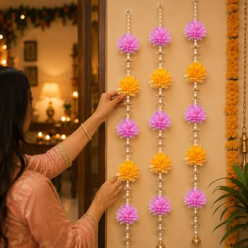 Image of Rajasthan Kraft Pack of 2, Artificial Multicolor Flower Wall Hanging for Home Decoration | 45 x 4 Inch Floral Hanging with Beads | Decorative Wall Hanging for Diwali, Wedding, Mandir & Festive Decor