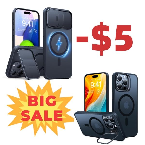 TORRAS Durable Slide Camera Cover, Kickstand & Magnetic Shockproof, Built-in Sturdy Adjustable Stand, Translucent Slim Black Case iPhone 15 Pro
