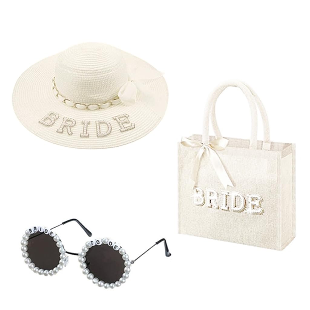Sombrero de sol Bride to Be, sombrero de paja, bolsa de gafas de sol, perlas delicadas para novia, despedida de soltera, decoración de fiesta, regalo, beige, talla única