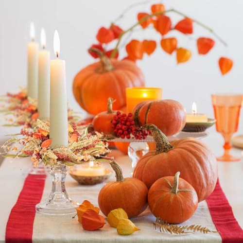 Image of 4 Pcs Fall Candle Rings 9 inch Thanksgiving Autumn Wreaths with Flowers for Tables Artificial Farmhouse Candle Rings Wreath for Front Door Porch Wall Window Decorations