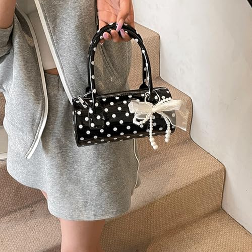 Polka Dot Purse Retro Crossbody Barrel Bag with Pearl Bow Mini PU Leather Top Handle Shoulder Handbag for Women2
