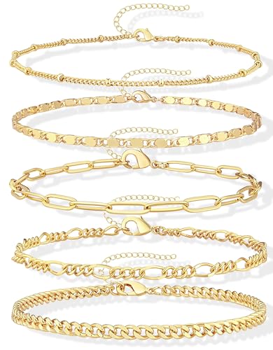 Gokeey Gold Bracelets for Women Trendy 14K Gold Plated Jewelry Sets Stack Dainty Stackable Paperclip Cuban Figaro Chain Bracelets Pack Layered Link Chain Bracelet for Women Cute 5pcs Adjustable