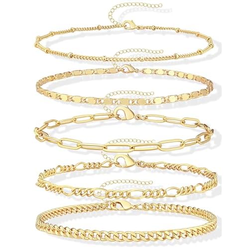 Ankle Bracelets for Women, 14k Gold Plated Jewelry Set Waterproof Layered Cuban Figaro Link Chain Anklets Set Gold Anklets Summer Boho Beach Jewelry Gift Adjustable Size