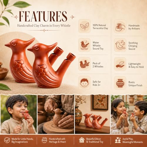 Image of Premium Clay Bird Whistle Toy (Pack of 8) - Handmade Earthen Water Whistle for Kids & Adults - Traditional Terracotta Musical Sound Toy - Natural Eco-Friendly Gift Set