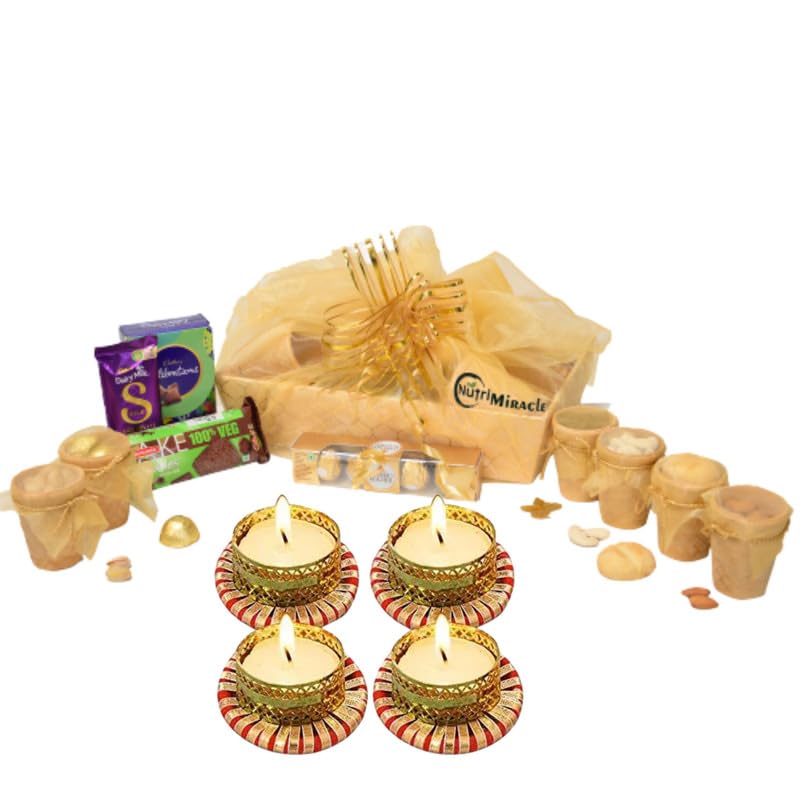 Image of NUTRI MIRACLE Diwali Edible Cups with Nuts and Chocolate Hamper with Diya | Gift for Relatives