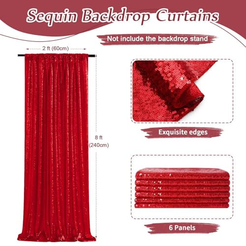 Image of Red Sequin Backdrop Curtains-6 Panels 2FTx8FT Red Backdrop for Valentines Day, Glitter Party Decorations Background Drapes for Wedding Birthday Anniversary Graduation Photo Booth Decor