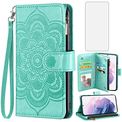 Étui portefeuille Samsung S22 Plus avec porte-cartes et verre trempé vert Asuwish