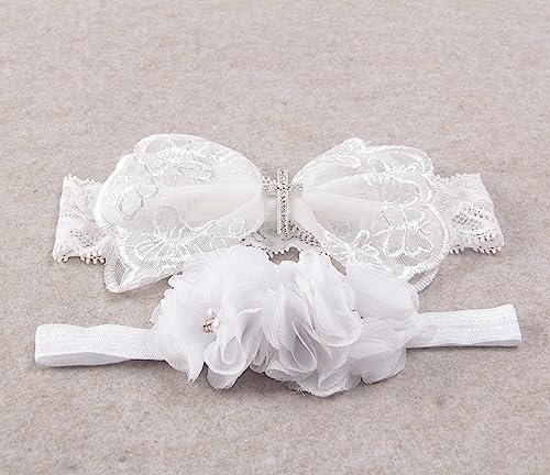 2 Pack Baptism White Newborn Bowknot Headbands Baby Christening Hair Bows Headwrap Toddler Hairband (Cross Button)4