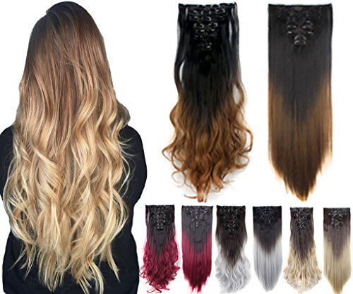 8 pcs 24"-26" Two Tone Straight Full Head Ombre Dip Dyed Loose Curls Wavy Curly Clip-in Hair Extensions 5 Colors