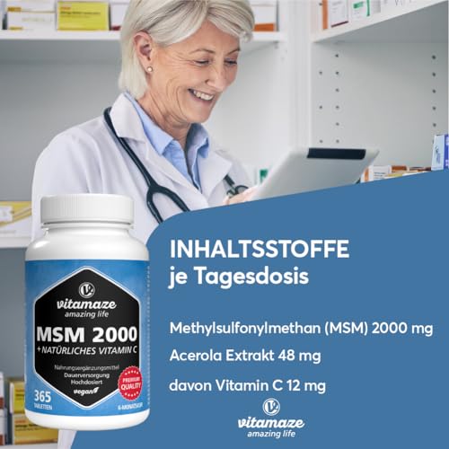 MSM 2000 mg + natürliches Vitamin C, 365 vegane Tabletten für 6 Monate, hochdosiert, 99,9% reines Methylsulfonylmethan, Nahrungsergänzung ohne Zusätze, Made in Germany