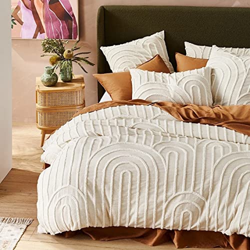 3 Pieces Dot Tufted Duvet Cover Soft Tassel Duvet Cover Set ,Bohemian Cute Cotton Bedding Cover With Zipper Closure Modern Style For Men And Women (Ivory / Off White, King) #TOP22