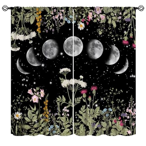 JanJCurt Floral Moon Curtains, Gothic Witchy Moon Phase Botanical Vintage Wildflower Plant Black Starry Sky Print Window Treatments for Living Room Bedroom Kitchen, 42x45 Inch (No Blackout)