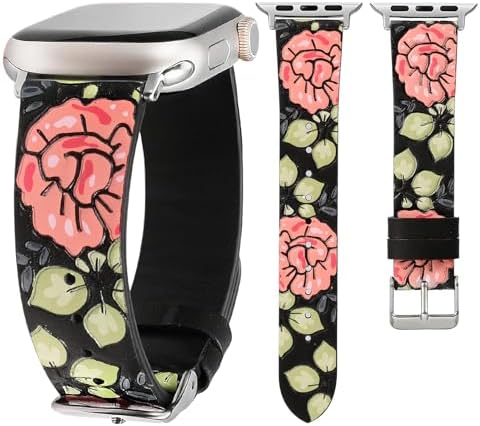 Moolia Floral Leather Band Compatible with Apple Watch Band 42/41/40/38/46/45/44/49mm Women, Cute Romantic Vintage Rose Pattern Strap for iWatch Series 11 10 9 8 7 6 5 4 3 2 1 SE/Ultra(1/2/3)