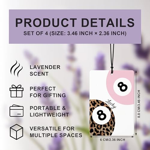 Image of Pink Leopard Print Car Air Freshener 4 Pcs, Trendy Cheetah Lucky 8 Ball Ace Card Hanging Air Freshener for Cars Closet Drawer Books Office, Girly Car Accessories Mirror Decor for Women