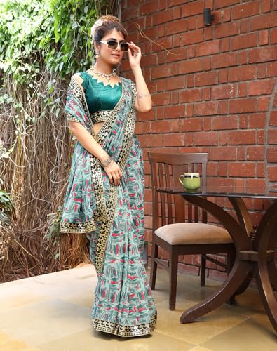 Image of Yashika Women's Georgette Saree with Lace Border |Solid Digital Printed Saree for Women