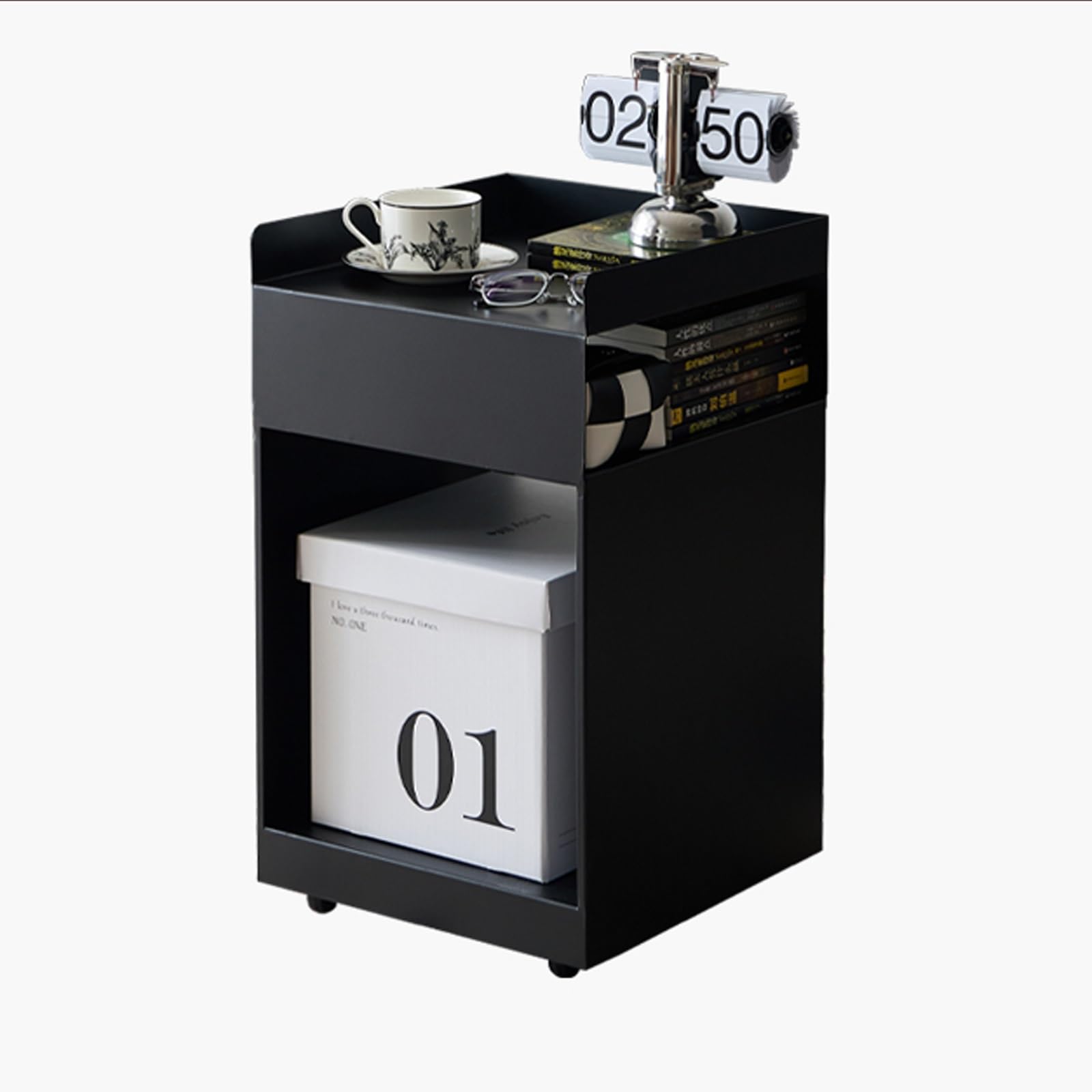 Table d'appoint Moderne en Acier au Carbone avec Roues Table d'extrémité de Stockage Ouverte pour Salon Chambre à Coucher Mobile Petite étagère Sturdy Base sans Assemblage nécessaire