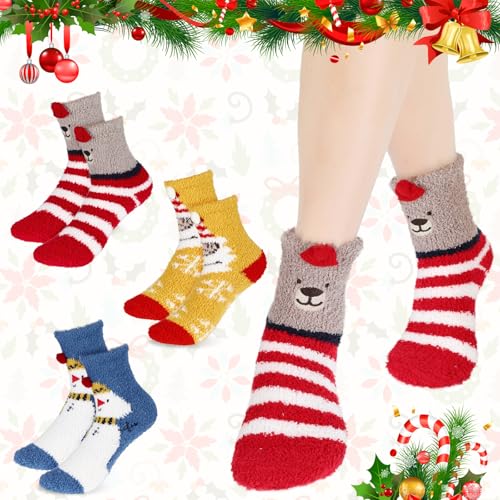 Image of Abeillo 3 Pairs Christmas Fluffy Socks for Women Girls - Soft Cozy Slipper Socks, Winter Warm Home Sleeping Socks, Mid-Calf Coral Fleece, Don't Shed Lint, Size 4-9