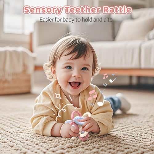 Image of Baby Teething Toys 3 in 1 Silicone Teethers - BPA Free Food Grade Silicone Teething Ring Rattle Toys for Babies 3-6 Months 6-12 Months, Soft & Easy Hold, Baby Chew Toy for Toddlers (Pink)