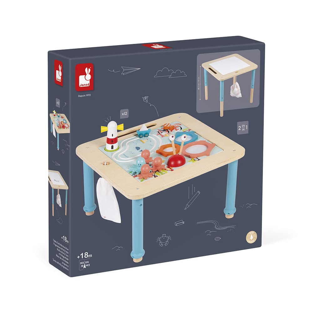 Janod - Table d'Activités Évolutive en Bois - 5 Activités Premier Âge - Plateau à Dessin Magnétique - Avec Sac de Rangement Accrochable - Dès 18 Mois, J08041