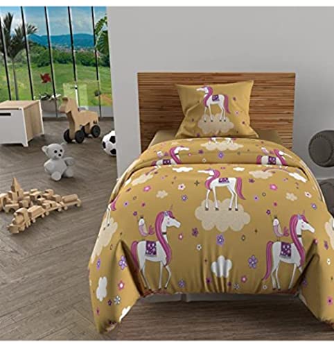 Soleil d'ocre, Duvet Cover Set 140 x 200 cm Unicorns Pink, 100% Cotton, 57 Threads/cm2, Yellow, Petit lit 1 personne