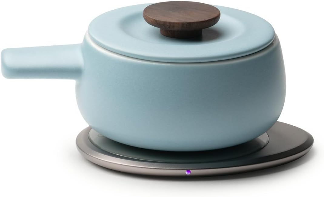 Fondi Self-Heating Ceramic Fondue Set – Moonmist Blue | 7.6 fl oz / 225 mL Self-Heating Cheese & Chocolate Fondue with Heating Pad