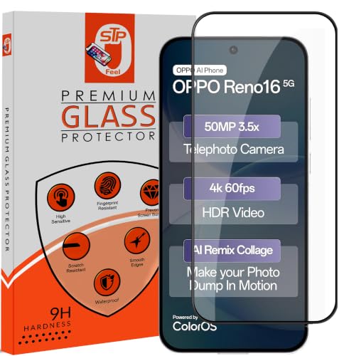 Image of STP FEEL Premium HD+ Tempered Glass Screen Protector Guard For Oppo Reno 16 5G (6.32 Inch, Pack of 1) | Edge to Edge Coverage With Easy to installation kit for Smartphone